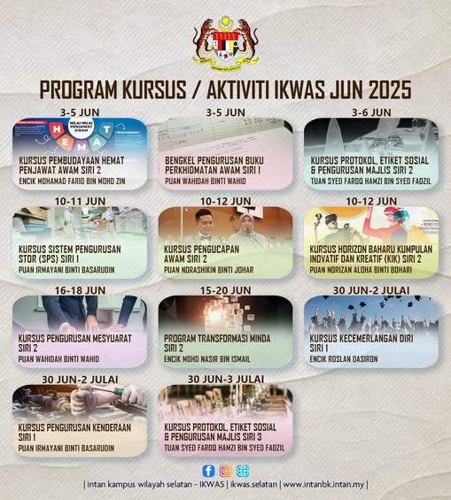 𝐇𝐄𝐁𝐀𝐇𝐀𝐍 𝐊𝐔𝐑𝐒𝐔𝐒/𝐀𝐊𝐓𝐈𝐕𝐈𝐓𝐈 𝐁𝐔𝐋𝐀𝐍 𝐉𝐔𝐍 𝟐𝟎𝟐𝟓 𝐀𝐍𝐉𝐔𝐑𝐀𝐍 𝐈𝐍𝐓𝐀𝐍 𝐊𝐀𝐌𝐏𝐔𝐒 𝐖𝐈𝐋𝐀𝐘𝐀𝐇 𝐒𝐄𝐋𝐀𝐓𝐀𝐍 (𝐈𝐊𝐖𝐀𝐒)

Pendaftaran dan maklumat lanjut mengenai kursus ini boleh dibuat melalui pautan dtims.intan.my