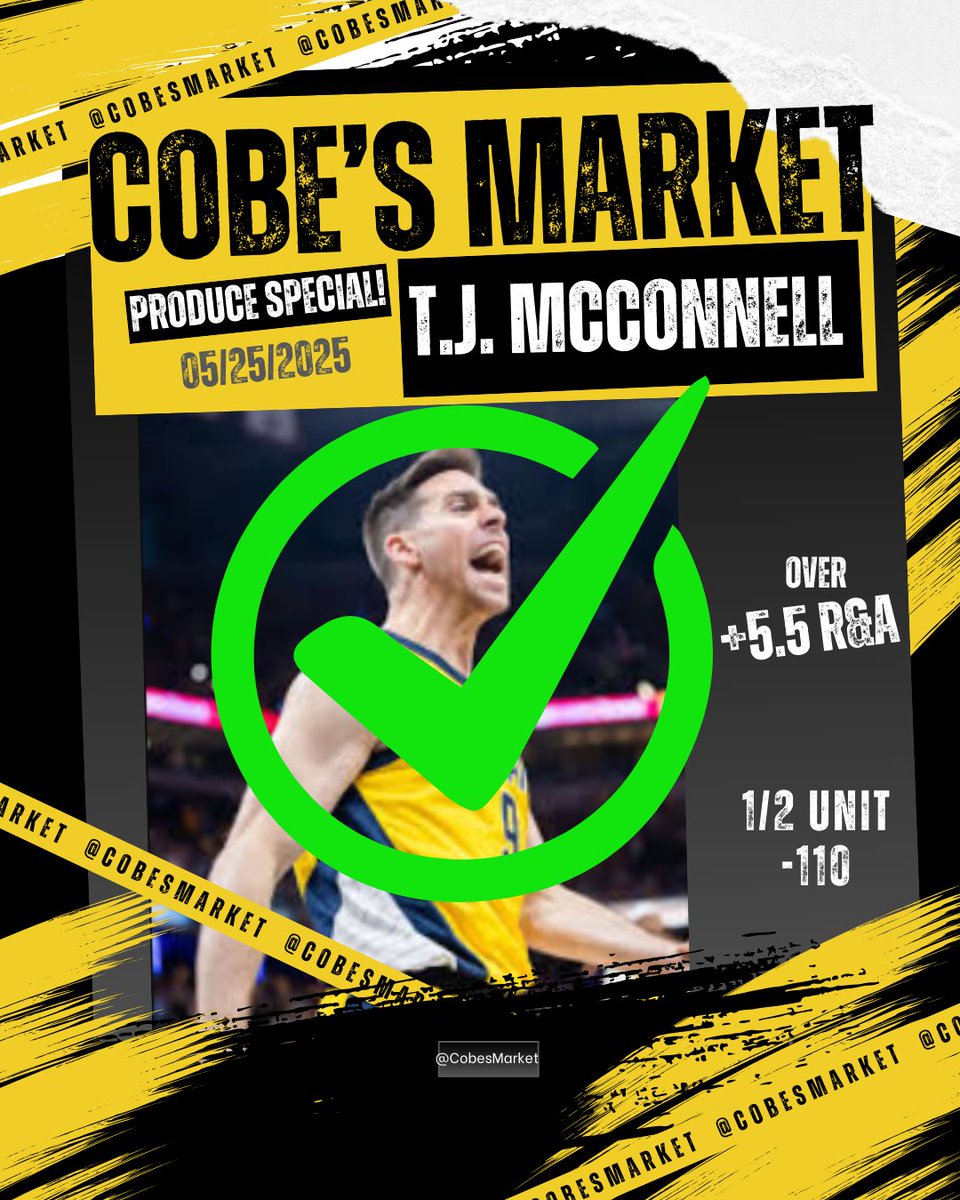 cobesmarket's tweet photo. 🍏The #producedepartment at Cobe's Market produces again!🍅
🏀T.J. McConnell for over +5.5 R&A✅
🧺If you're not following Cobe's Market, What are you doing?!🧩
5-1
+3.96
#nbaplayoffs #INDvsNYK #pacersnation #knicks #nbaontnt #sportsprops #props #propplay @cobesmarket https://t.co/8z15XfRaB4