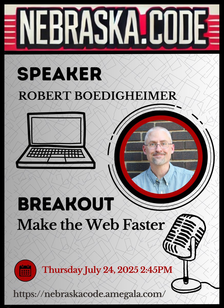 ConferenceNE's tweet photo. @boedie presents 'Make the Web Faster' July 24th at Nebraska.Code().  

https://t.co/YfMDImPqlP 

#WebDevelopment #WebPerformance #Nebraska #SiteScalability #SiteReliability #Webpagetestorg #Fiddler #Lighthouse #WebFaster @LTULNK #IT @CodeForNebraska @SiliconPrairie @dsmwebgeeks https://t.co/7CiJbOfDXs