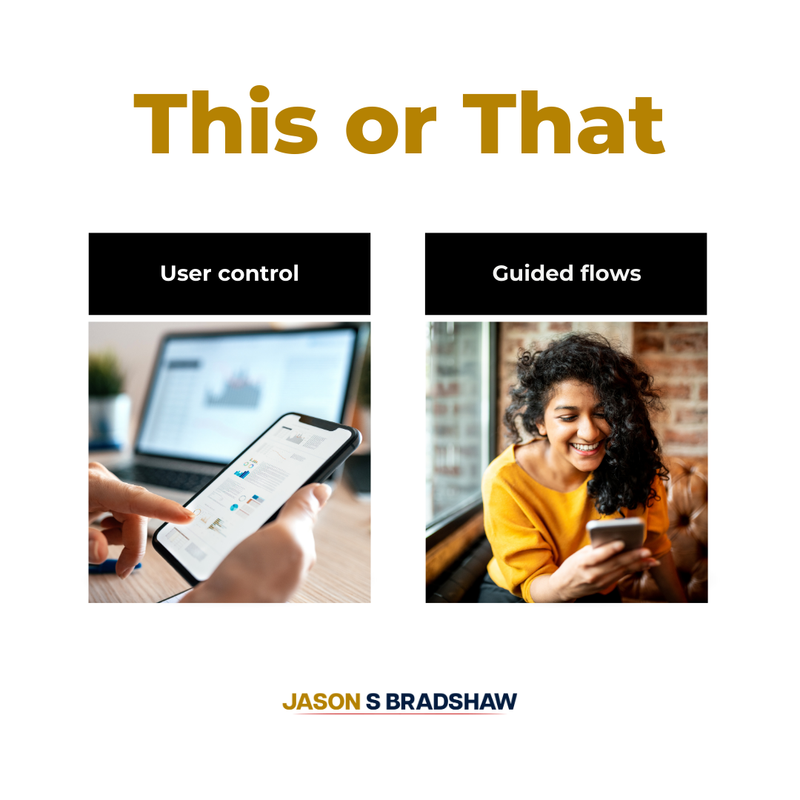 jasonsbradshaw's tweet image. 🔔 Some users want full freedom to explore, while others prefer a structured journey. 

Striking the right balance in your product design can boost satisfaction and reduce churn. 

What experience do your users crave most? 

#JasonsBradshaw #PX #ProductExperience #UserExperience