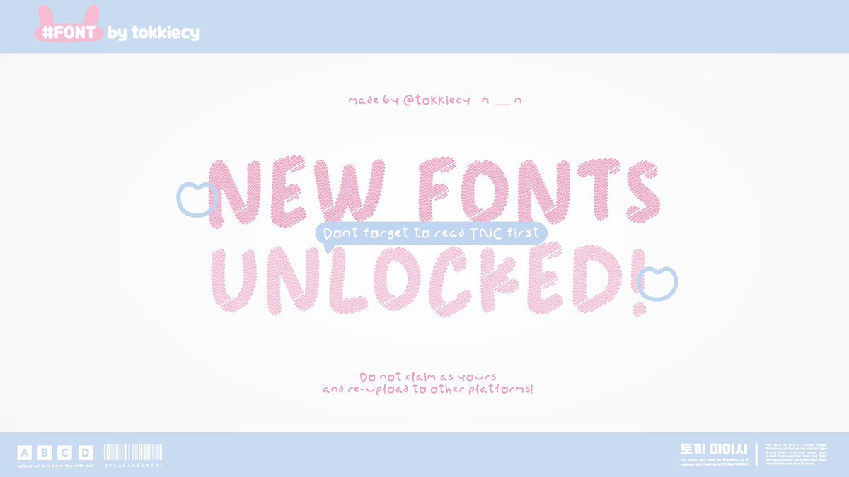 tokkiecy's tweet image. Help repost and like! ₍ᐢ. .ᐢ₎ ₊˚⊹♡  

Micy brings some new fonts for you🐰🍀

. . . 𖹭.ᐟ free for CU and PU. 
. . . 𖹭.ᐟ do not claim as yours and re-upload to other platforms.
. . . 𖹭.ᐟ read the TNC carefully on my tele channel.

良い一日 ⸜(˃ ᵕ ˂ )⸝ #zonauang