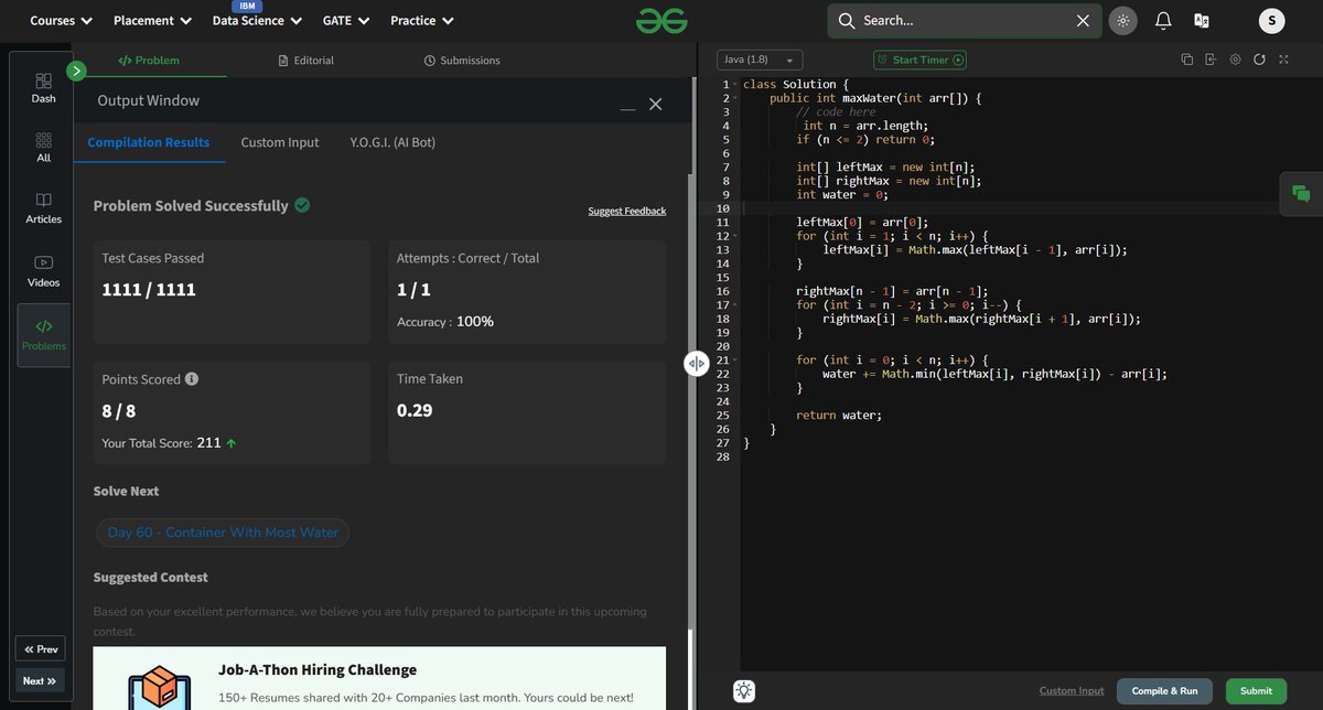 sapfire955's tweet image. 📜 Day 59 of #gfg160
Solved "Trapping Rain Water" ☔
Used Two Arrays (Prefix + Suffix Max) for O(n) drip magic 💧
Simulated valleys & caught every drop 💦
Drenched in logic, but dry in bugs ✅
Thanks! @geeksforgeeks 🙌
#JavaMode 🚀 #geekstreak2025 #dsa #twopointers #gfg