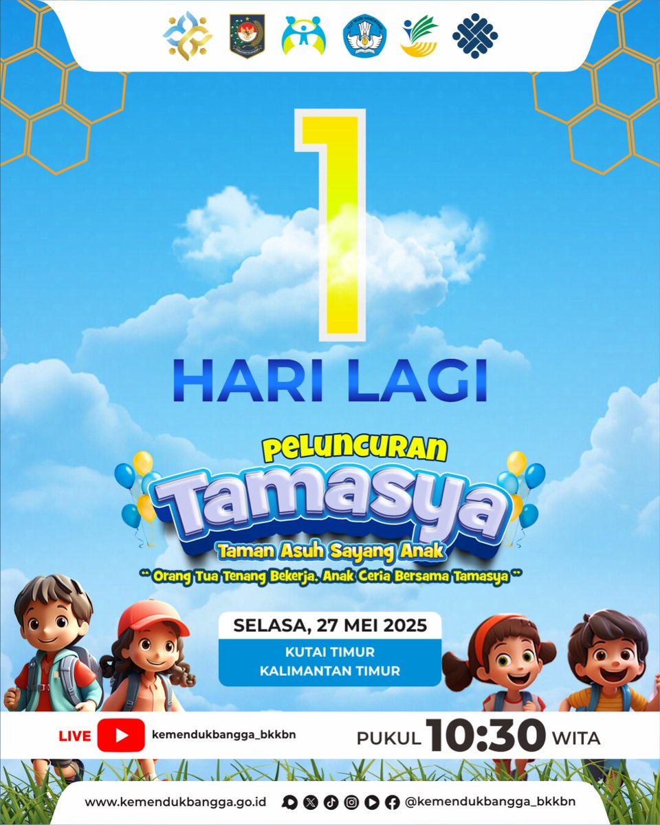 Halo Sobat Kemendukbangga/BKKBN!👋

Tumbuh kembang anak yang optimal merupakan awal masa depan cemerlang ✨

1️⃣ hari lagi menjelang Peluncuran Taman Asuh Sayang Anak (TAMASYA) !

Catat tanggalnya ya!
📝Selasa, 27 Mei 2025
🕒 Pukul 10.30 WITA - selesai
#TAMASYA