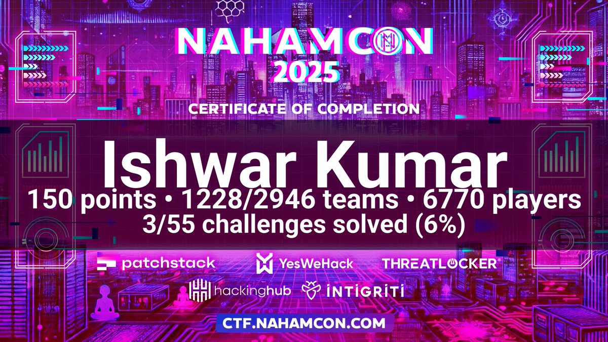 Ishwar Kumar (@ravenzbb) on Twitter photo I participated in the NahamCon 2025 CTF! Thanks @nahamsec <a href="/_JohnHammond/">John Hammond</a> <a href="/BuildHackSecure/">Adam Langley</a> @HuskyHacksMK <a href="/kkevsterrr/">Kevin Bock</a> and all others involved! #NahamCon2025 I participated in the NahamCon 2025 CTF! Thanks @nahamsec <a href="/_JohnHammond/">John Hammond</a> <a href="/BuildHackSecure/">Adam Langley</a> @HuskyHacksMK <a href="/kkevsterrr/">Kevin Bock</a> and all others involved! #NahamCon2025