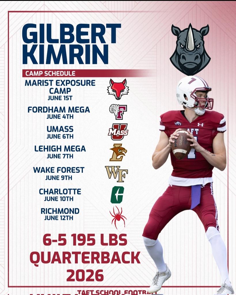 Gilbert Kimrin (@gkimrin) on Twitter photo After Elite11 and UANext Camps
it is time for Camp season 🏈💪
Here is my camp schedule for the summer! Can’t wait to compete!
<a href="/TaftFootballCT/">Taft Football</a> After Elite11 and UANext Camps
it is time for Camp season 🏈💪
Here is my camp schedule for the summer! Can’t wait to compete!
<a href="/TaftFootballCT/">Taft Football</a>