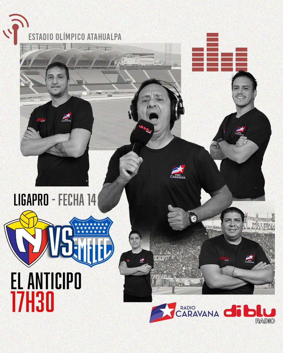 Radio Diblu (@radiodiblufm) on Twitter photo 🔥 ¡ARRANCA EL ANTICIPO!
📋 Titulares:
🎙️ Relato: Walter Ruiz
🎙️ Comentarios: <a href="/gallardogerman/">Germán Gallardo R.</a> - Javier Klimowicz
🎙️ Informes: <a href="/ccarrasco750/">Christian Carrasco</a>
🎙️ Comerciales: <a href="/fgallopancho/">Francisco Gallo</a>
🔴 <a href="/elnacionalec/">Club Deportivo El Nacional</a> 🆚 <a href="/CSEmelec/">Club Sport Emelec</a> 🔵
🏆 <a href="/LigaProEC/">LigaPro</a>
🗓️ Fecha 14
🏟️ Olímpico Atahualpa
⏰ 18H00
👉🏻 🔥 ¡ARRANCA EL ANTICIPO!
📋 Titulares:
🎙️ Relato: Walter Ruiz
🎙️ Comentarios: <a href="/gallardogerman/">Germán Gallardo R.</a> - Javier Klimowicz
🎙️ Informes: <a href="/ccarrasco750/">Christian Carrasco</a>
🎙️ Comerciales: <a href="/fgallopancho/">Francisco Gallo</a>
🔴 <a href="/elnacionalec/">Club Deportivo El Nacional</a> 🆚 <a href="/CSEmelec/">Club Sport Emelec</a> 🔵
🏆 <a href="/LigaProEC/">LigaPro</a>
🗓️ Fecha 14
🏟️ Olímpico Atahualpa
⏰ 18H00
👉🏻
