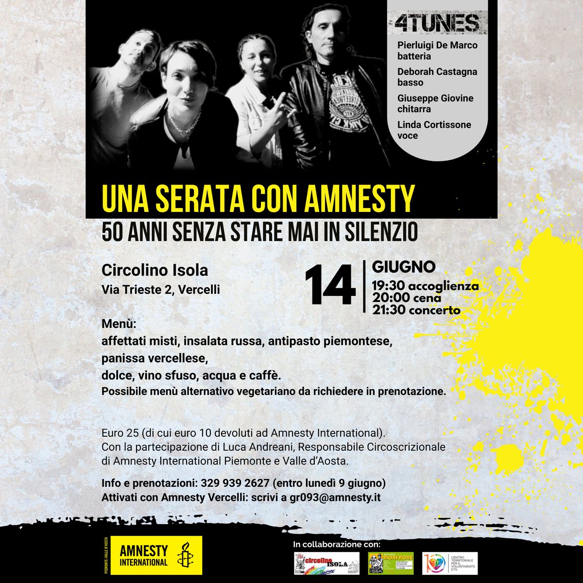 Una serata con Amnesty
50 ANNI SENZA STARE MAI IN SILENZIO
Sabato 14 giugno 2025, a partire dalle 19:30
con la cucina del CIRCOLINO ISOLA e la musica di 4TUNES
Le prenotazioni sono aperte: dettagli sulla locandina.
Non mancate!
#Vercelli
<a href="/amnestyitalia/">Amnesty Italia</a> <a href="/AmnestyPiemonte/">Amnesty International - Piemonte VdA</a>
