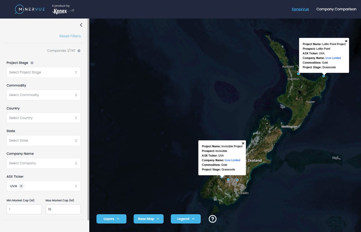 UVRE Limited has recently acquired gold projects across the North and South Islands. 
With KenexVue, you can see exactly where they sit, how they compare to nearby deposits, and who else is exploring the region.
Sign up at minervue.com and see what else you can find.