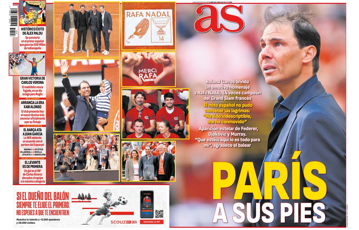 aldogp_'s tweet photo. Palou hace historia ganando la Indy500.

Las portadas de los 4 principales periódicos deportivos de España demuestran que la única alternativa al fútbol se llama Rafa Nadal incluso estando retirado.

- No tenemos cultura deportiva.
- Nunca seréis  L'Equipe. https://t.co/2lLMsrvddC