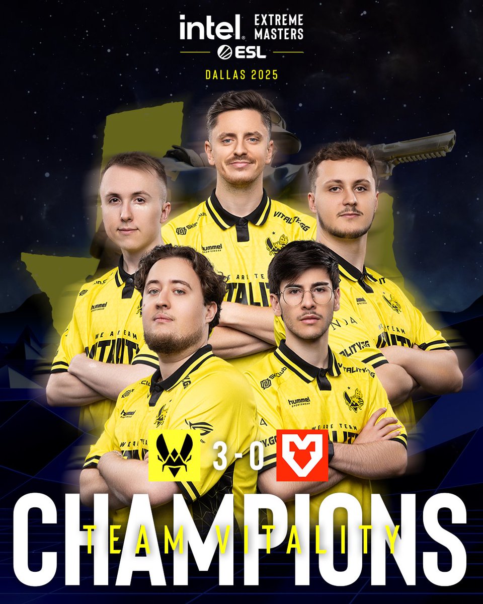 ESL Counter-Strike (@eslcs) on Twitter photo WE'RE IN THE <a href="/TeamVitalityCS/">Team Vitality CS</a> ERA.
🏆🏆🏆 YOUR #IEM DALLAS 2025 CHAMPIONS 🏆🏆🏆
<a href="/Vitality_apEX/">Dan Madesclaire</a>
<a href="/zywoo/">ZywOo</a>
<a href="/ropz/">ropz</a>
<a href="/flameZcsgo/">Shahar Shushan</a>
<a href="/kingmezii/">MEZII'</a>
<a href="/XTQZZZ/">XTQZZZ</a> WE'RE IN THE <a href="/TeamVitalityCS/">Team Vitality CS</a> ERA.
🏆🏆🏆 YOUR #IEM DALLAS 2025 CHAMPIONS 🏆🏆🏆
<a href="/Vitality_apEX/">Dan Madesclaire</a>
<a href="/zywoo/">ZywOo</a>
<a href="/ropz/">ropz</a>
<a href="/flameZcsgo/">Shahar Shushan</a>
<a href="/kingmezii/">MEZII'</a>
<a href="/XTQZZZ/">XTQZZZ</a>