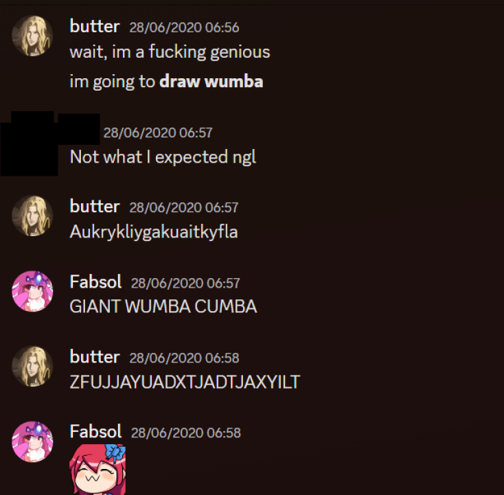 <a href="/saarker_vier/">saarker 🌺</a> I sadly dont have alot of images of this instance, since as i said i was 16,  but i have a little bit of screenshots of when i would post my borderline nsfw there, and fabsol would encourage me to draw it and talk about other nsfw topics. (bomb was my old alias)