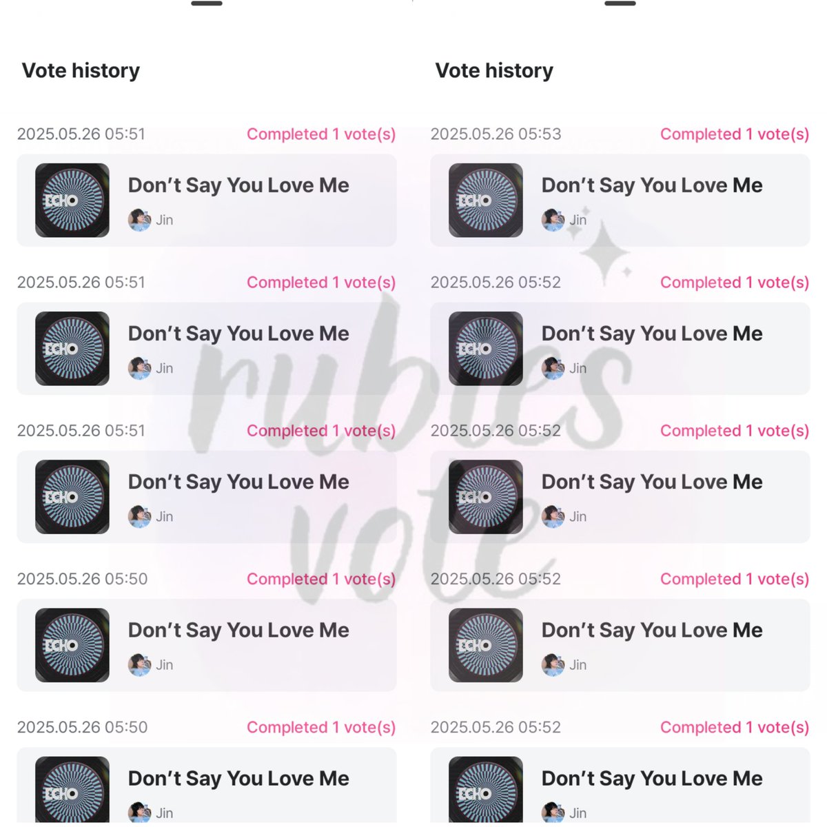 Fast giveaway!

Pre-vote mcountdown 
Congratulations #JIN
🎁 10 Votes 

Thank you for participating ᡣ𐭩 
#Rubiesvote_Giveaway