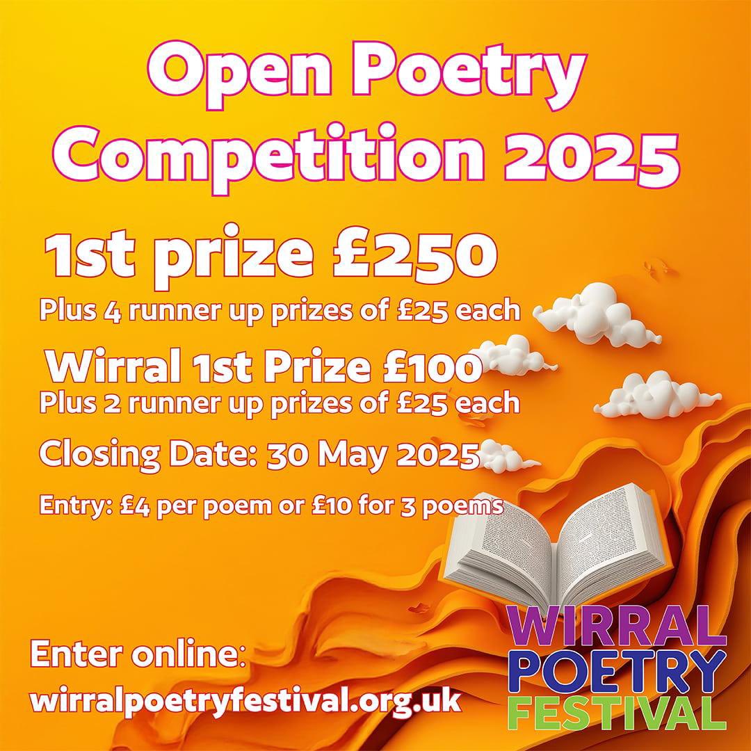 5 DAYS LEFT TO ENTER!
Wirral Poetry Festival’s Open Poetry Competition 2025 closes on this Friday 30 May. Don’t miss the chance to win one of eight cash prizes and to have your poems read by Martin Figura and Helen Ivory! wirralpoetryfestival.org.uk.
PS if you encounter any