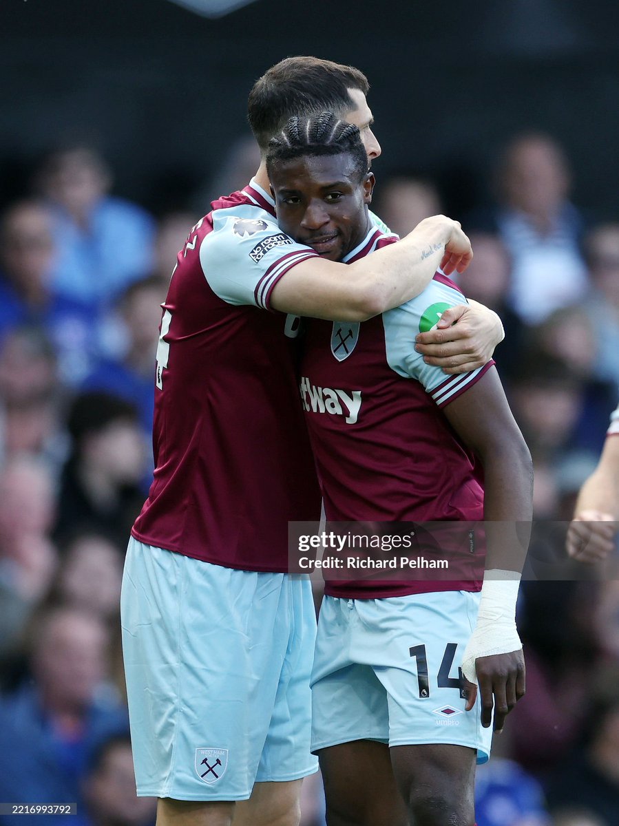 West Ham wore blue shorts with their home shirts at Ipswich today for the only time this season - Ollie Scarles' were the 2023-24 alternative style with a claret panel, old Umbro logo and full-colour crest