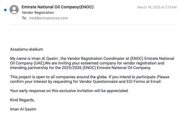 #BEC , Brand Impersonation attempt detected by #NACE.  Threat Actors impersonating "Emirate National Oil Company" to lure victims into fake vendor registration.  Semantic analysis aided to derived intent, contextual relationship with SMTP headers = > Malicious
#AI  #EmailSecurity