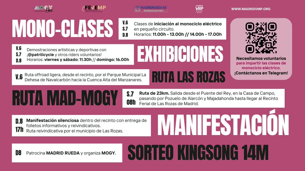 ¡Madrid VMP estará presente en el #MOGYFest25! 🚀 Este año llevaremos la micromovilidad eléctrica a Las Rozas con: clases gratuitas de monociclo eléctrico, exhibiciones artísticas sobre ruedas, charlas, actividades y sorteos exclusivos ¿Te lo vas a perder?
madridvmp.org/mogy-fest-25