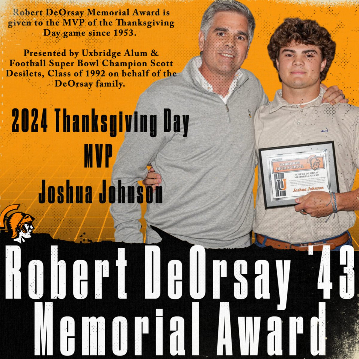 ATHLETIC AWARDS BANQUET: Congrats to Joshua Johnson who was named MVP of the <a href="/UxbFootball/">Uxbridge Spartan Football</a> vs Northbridge Thanksgiving Day game. Johnson rushed for 84 yds &amp; 2 TD’s &amp; was a key lead blocker in the Spartans 240 yrd rushing attack as well as added 4 tackles &amp; interception on defense.