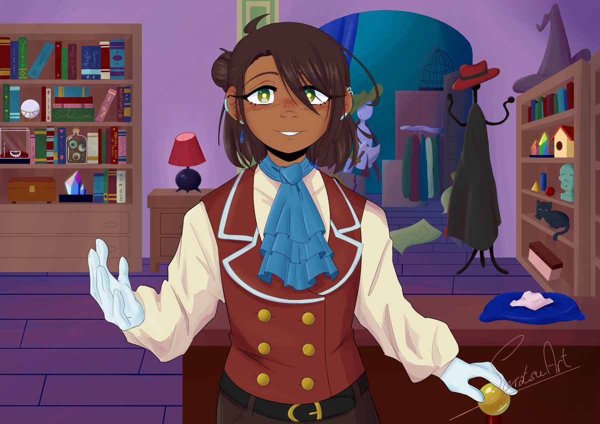 soratsuart's tweet photo. I'm getting ready for a roleplay I'm participating in soon and drew my beautiful fae scammer shopkeeper so they can be an NPC. I did not need to do this much. https://t.co/qMXMpSvFLv