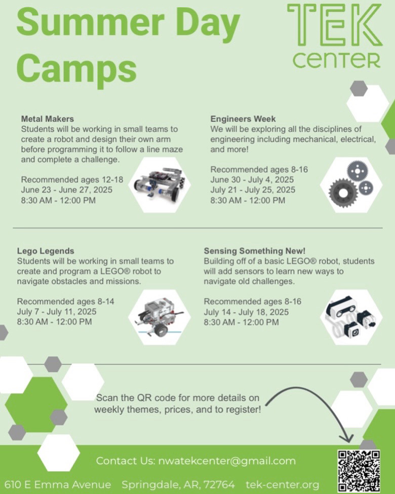 TechHogs7209's tweet image. The NWA Tek Center is putting on several day camps this summer in Springdale, AR. Make sure to check it out and sign up!