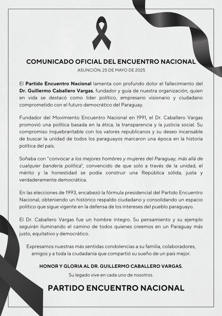 Comunicado Oficial del PEN ante el fallecimiento del Dr. Guillermo Caballero Vargas.