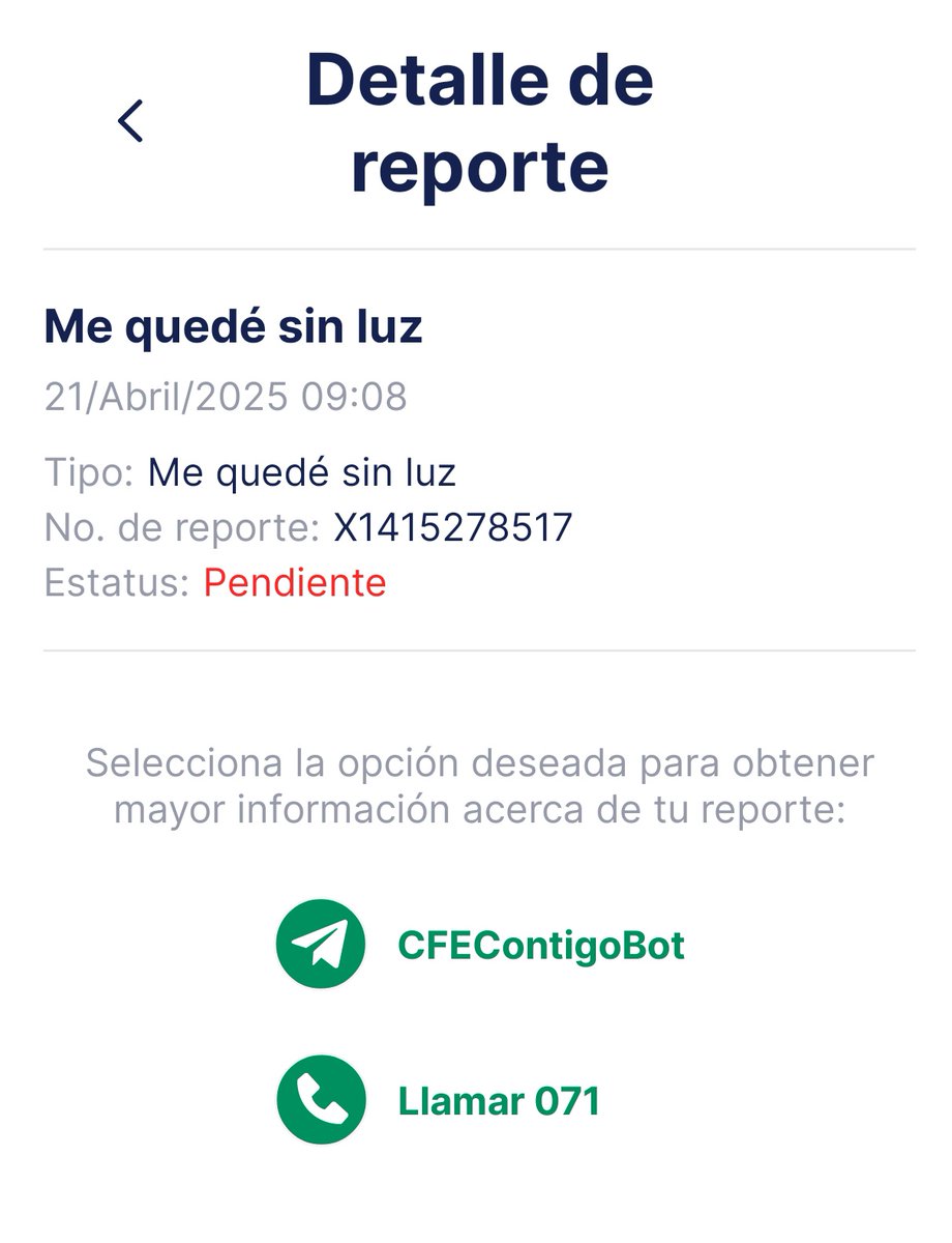 Que onda contigo <a href="/CFE_Contigo/">CFE_Contigo</a> <a href="/CFEmx/">CFEmx</a> tengo este reporte "pendiente"  desde el 21 de abril que no tenía luz y desde ayer que se fue la Luz nuevamente y que al día de hoy no regresa, no puedo hacer el reporte.

¿Ya dejaste de ser empresa de clase mundial o que pasa?