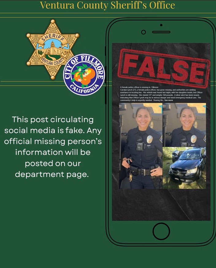 ‼️ Important Information‼️

There's been some false information circulating about a missing officer, Carolyn Lynch. The Fillmore Police Department wants to clarify that there is no missing police officer in Fillmore.

Please do not spread this misinformation!