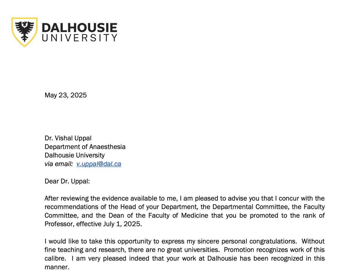 Dr. Vishal Uppal MBBS, FRCA 🇨🇦🇮🇳🏴 (@ropivacaine) on Twitter photo Some personal news🎉
I’ve been promoted to Professor at <a href="/DalMedSchool/">DalMedSchool</a> , effective July 1, 2025!
Deeply thankful to the mentors, colleagues & collaborators at <a href="/DalhousieU/">Dalhousie University</a> & around the world who’ve shaped this journey
Thanks to <a href="/DalAnesthesia/">DalAnesthesia</a> for an incredible 10 years of support🙏 Some personal news🎉
I’ve been promoted to Professor at <a href="/DalMedSchool/">DalMedSchool</a> , effective July 1, 2025!
Deeply thankful to the mentors, colleagues & collaborators at <a href="/DalhousieU/">Dalhousie University</a> & around the world who’ve shaped this journey
Thanks to <a href="/DalAnesthesia/">DalAnesthesia</a> for an incredible 10 years of support🙏