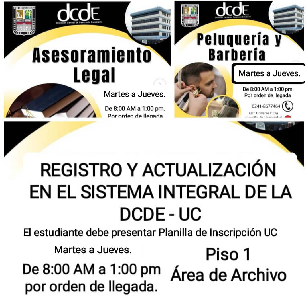 El director de la DCDE, Od. Leonardo León, informa el cronograma de los servicios que se ofrecerán en la semana del  27 al 30 de MAYO 2025. Se realizarán trámites de solvencias y actualización de datos para estudiantes con becas.