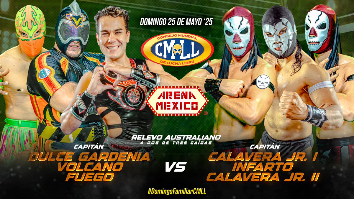 CMLL_OFICIAL's tweet photo. El colosal Infarto forma sociedad con los representantes de la Arena Coliseo de Guadalajara, Calavera Jr. I y Calavera Jr. II. 

Sus rivales esta tarde son Dulce Gardenia, Volcano y Fuego.  

#DomingoFamiliarCMLL https://t.co/yBPPoDKWJl