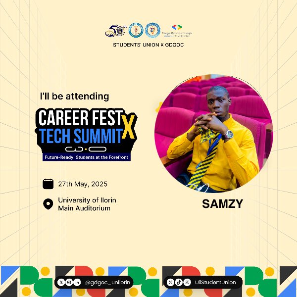 Samzydml's tweet image. 🔥 Catch me live at the Career Fest X Tech Summit this 27th May, 2025 at the University of Ilorin Main Auditorium! 🚀
Let’s connect, learn, and get future ready! 💡✨
#CareerFestX #TechSummit #Unilorin #StudentUnion #GDGIlorin #FutureReady