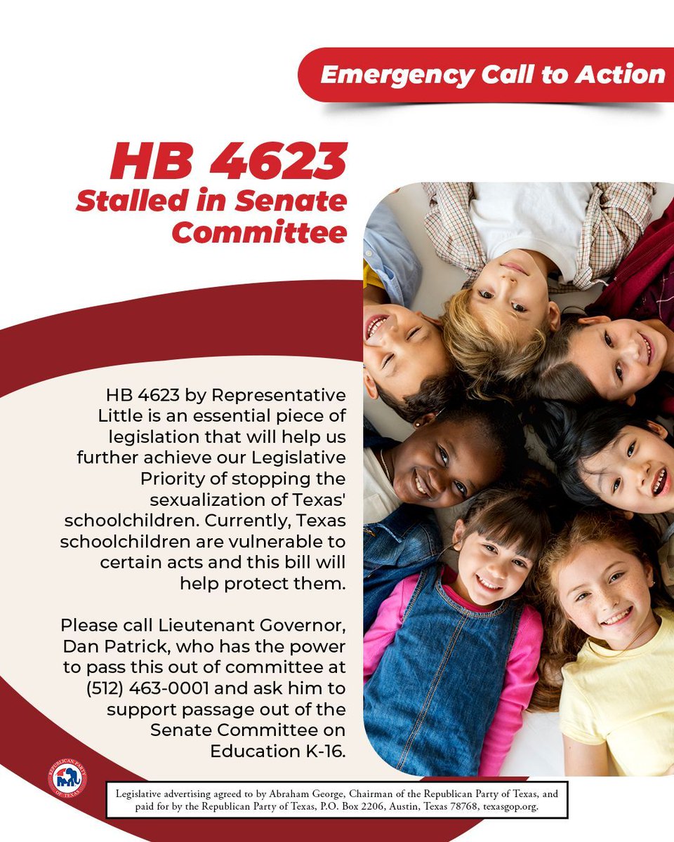 Texas GOP (@texasgop) on Twitter photo Emergency call to action: HB 4623 by Representative <a href="/realmitchlittle/">Rep. Mitch Little</a> is an essential piece of legislation that will help us further achieve our Legislative Priority of stopping the sexualization of Texas' schoolchildren. Currently, Texas schoolchildren are vulnerable to certain Emergency call to action: HB 4623 by Representative <a href="/realmitchlittle/">Rep. Mitch Little</a> is an essential piece of legislation that will help us further achieve our Legislative Priority of stopping the sexualization of Texas' schoolchildren. Currently, Texas schoolchildren are vulnerable to certain