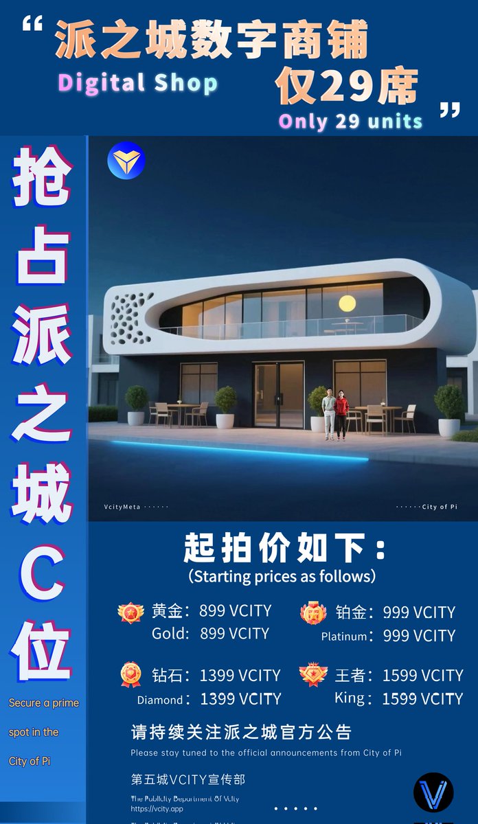 派之城数字商铺

仅29席 

抢占派之城C位

起拍价如下：

黄金：899 VCITY

铂金：999 VCITY

钻石：1399 VCITY

王者：1599 VCITY

请持续关注派之城官方公告
#谢章#第五城#vcity#vcitymeta