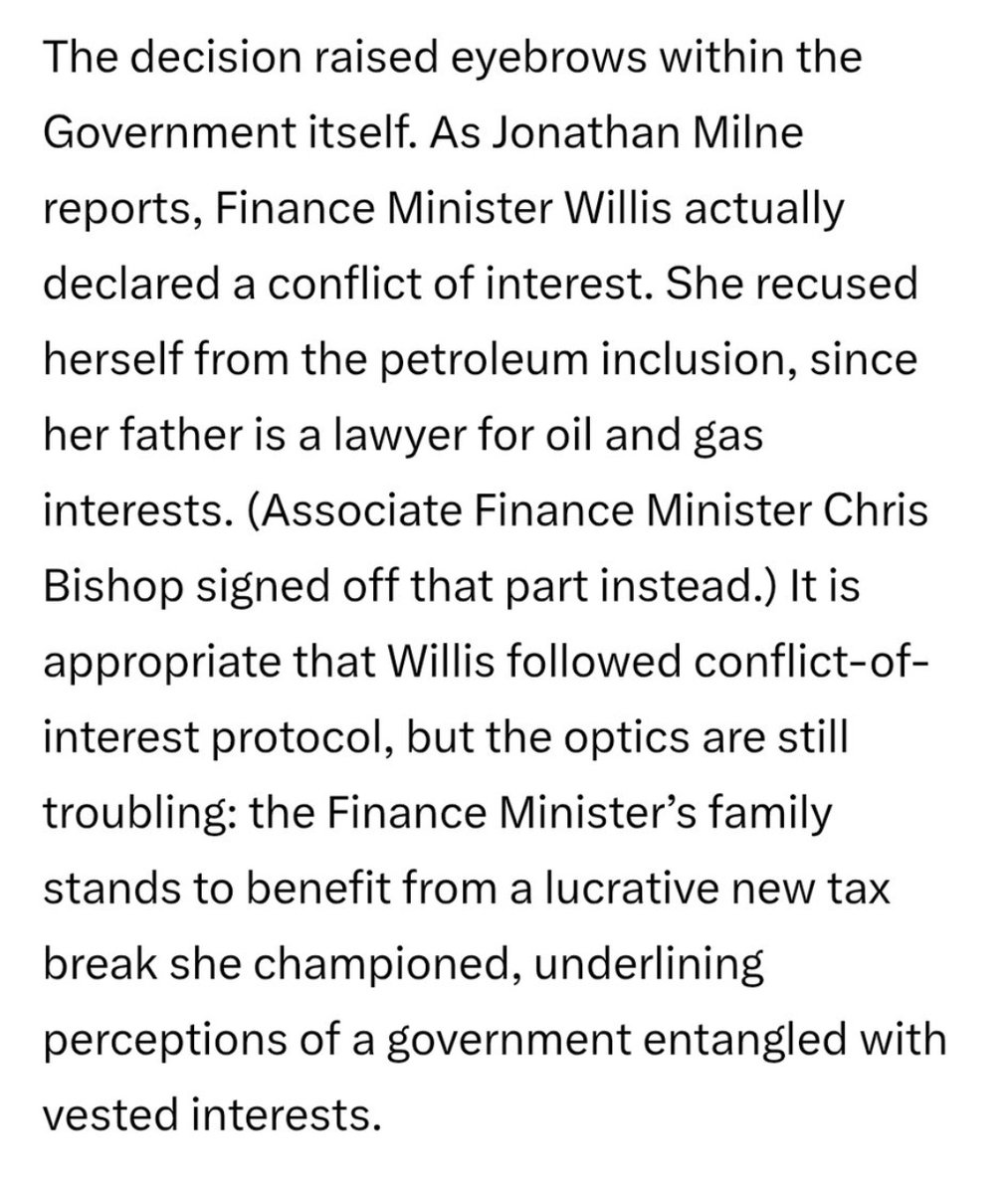 Nicola Willis's father James Willis is Chairman of NZ Energy Corp and has worked as a consultant &amp; advisor in the oil &amp; gas exploration industry for decades.

Her family stands to benefit significantly from the new uncapped tax breaks introduced by her budget.