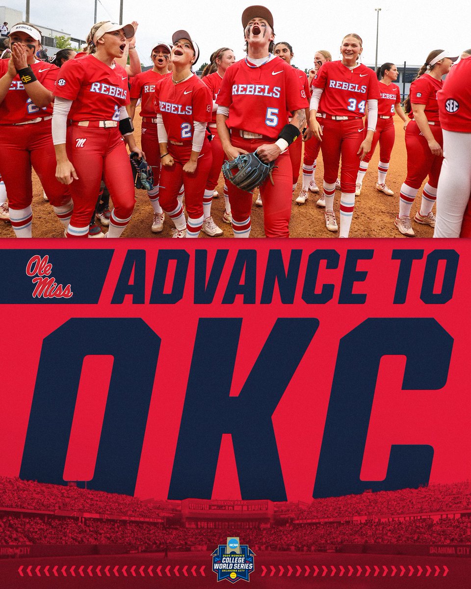 NCAA Softball (@ncaasoftball) on Twitter photo OLE MISS โก๏ธ OKC โผ๏ธ
<a href="/OleMissSoftball/">Ole Miss Softball</a> defeats (4) Arkansas, 7-4, to advance to their FIRST #WCWS!
#RoadToWCWS OLE MISS โก๏ธ OKC โผ๏ธ
<a href="/OleMissSoftball/">Ole Miss Softball</a> defeats (4) Arkansas, 7-4, to advance to their FIRST #WCWS!
#RoadToWCWS
