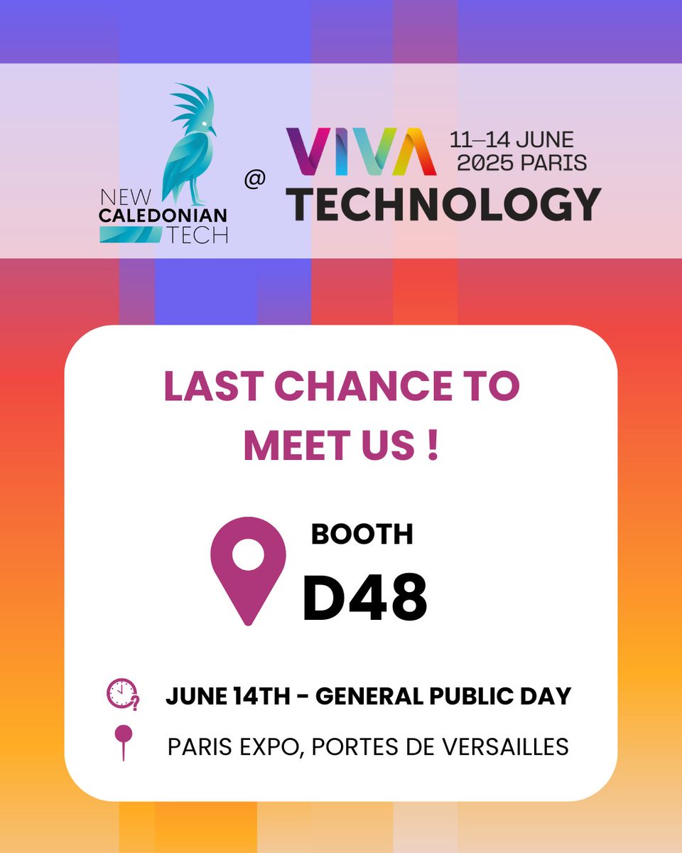 🎯 Last Chance!
 Come meet the future of New Caledonian Tech — this Saturday at VivaTech! 🚀

 📍 Booth D48
 💥 Startups, demos, and big ideas all the way from New Caledonia — don’t miss out!

#VivaTech2025 #NewCaledonianTech #VVT <a href="/VivaTech/">VivaTech</a>  <a href="/GouvNC/">GouvernementNC</a>