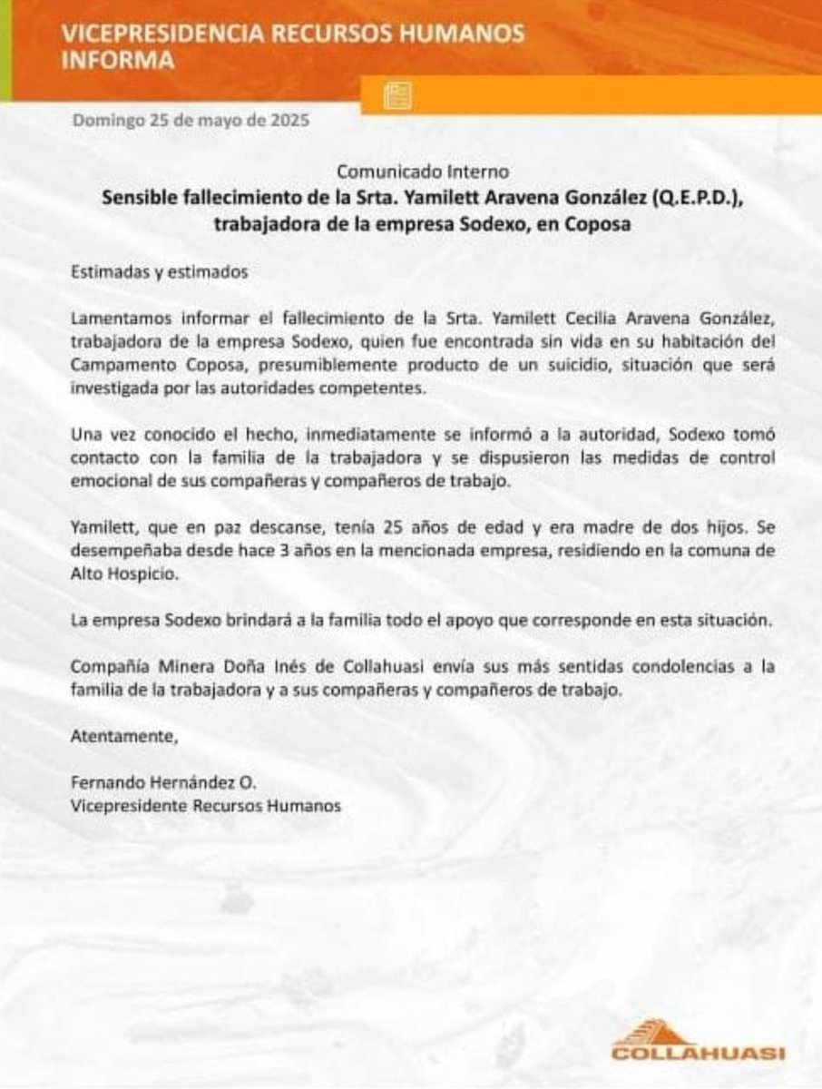 Mujer de 25 años fallece en campamento Coposa ,se trataría de trabajadora empresa Sodexo
Quien fue encontrada fallecida en su habitación, la información se dió a conocer a través de un comunicado está jornada