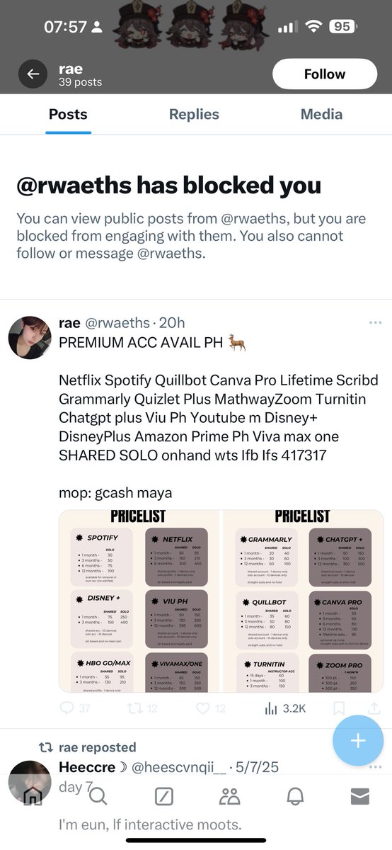 _withtreasure's tweet photo. SCAMMER

yayaman ba kayo dito? 😭🙏🏽
@/rwaeths @/chantheira 

PREMIUM ACC AVAIL PH 🐕

Netflix Spotify Quillbot Canva Pro Lifetime Scribd Grammarly Quizlet Plus MathwayZoom Turnitin Chatgpt plus Viu Ph Youtube m Disney+ DisneyPlus Amazon Prime Ph SHARED SOLO wts Ifb Ifs https://t.co/UIy4VUEuwz