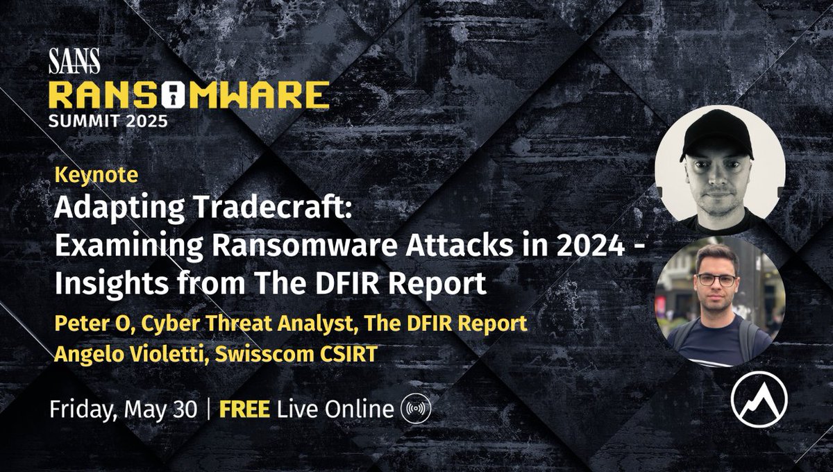 Ryan "Chaps" Chapman (@rj_chap) on Twitter photo AMAZING keynote coming up at the <a href="/SANSInstitute/">SANS Institute</a> | <a href="/sansforensics/">SANS DFIR</a> #RansomwareSummit 2025! <a href="/TheDFIRReport/">The DFIR Report</a>'s <a href="/_pete_0/">Pete</a> & <a href="/angelo_violetti/">Angelo Violetti</a> are presenting "Adapting Tradecraft: Examining #Ransomware Attacks in 2024 - Insights from The DFIR Report"!
FREE reg @: sans.org/u/1yCa AMAZING keynote coming up at the <a href="/SANSInstitute/">SANS Institute</a> | <a href="/sansforensics/">SANS DFIR</a> #RansomwareSummit 2025! <a href="/TheDFIRReport/">The DFIR Report</a>'s <a href="/_pete_0/">Pete</a> & <a href="/angelo_violetti/">Angelo Violetti</a> are presenting "Adapting Tradecraft: Examining #Ransomware Attacks in 2024 - Insights from The DFIR Report"!
FREE reg @: sans.org/u/1yCa