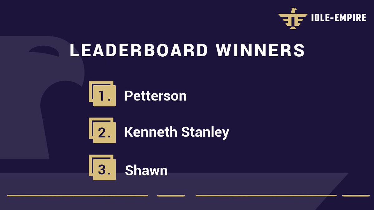 Congratulations to our weekly leaderboard winners! 🏆

$30 for the first place, $20 for the second and $10 for the third. ❤

Check the current leaderboard here: idle-empire.com/leaderboard?ut…