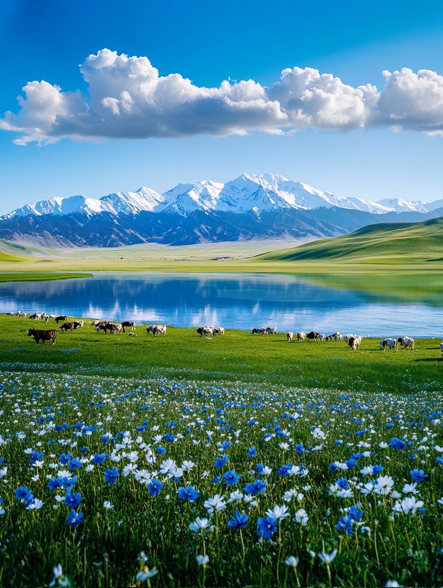 雪山遇见草原，美得像画卷！#大美中国 #美丽新疆