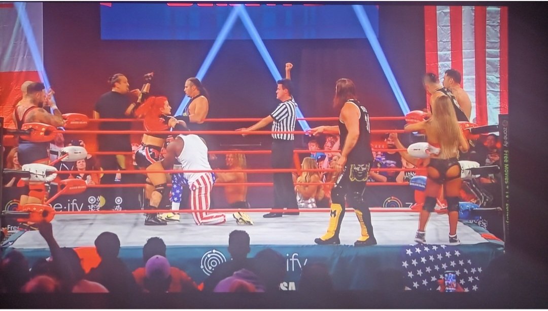 tall_ny's tweet photo. Team USA and Team Canada put their differences aside to team up; Santino Marella, Tommy Dreamer, Jody Threat, Matt Hardy and Cody Deaner went over The System when Hardy pinned JDC @ThisIsTNA #TNAwrestling
#BorderBrawl @zoneify #Zoneify https://t.co/YkraUbHPPp