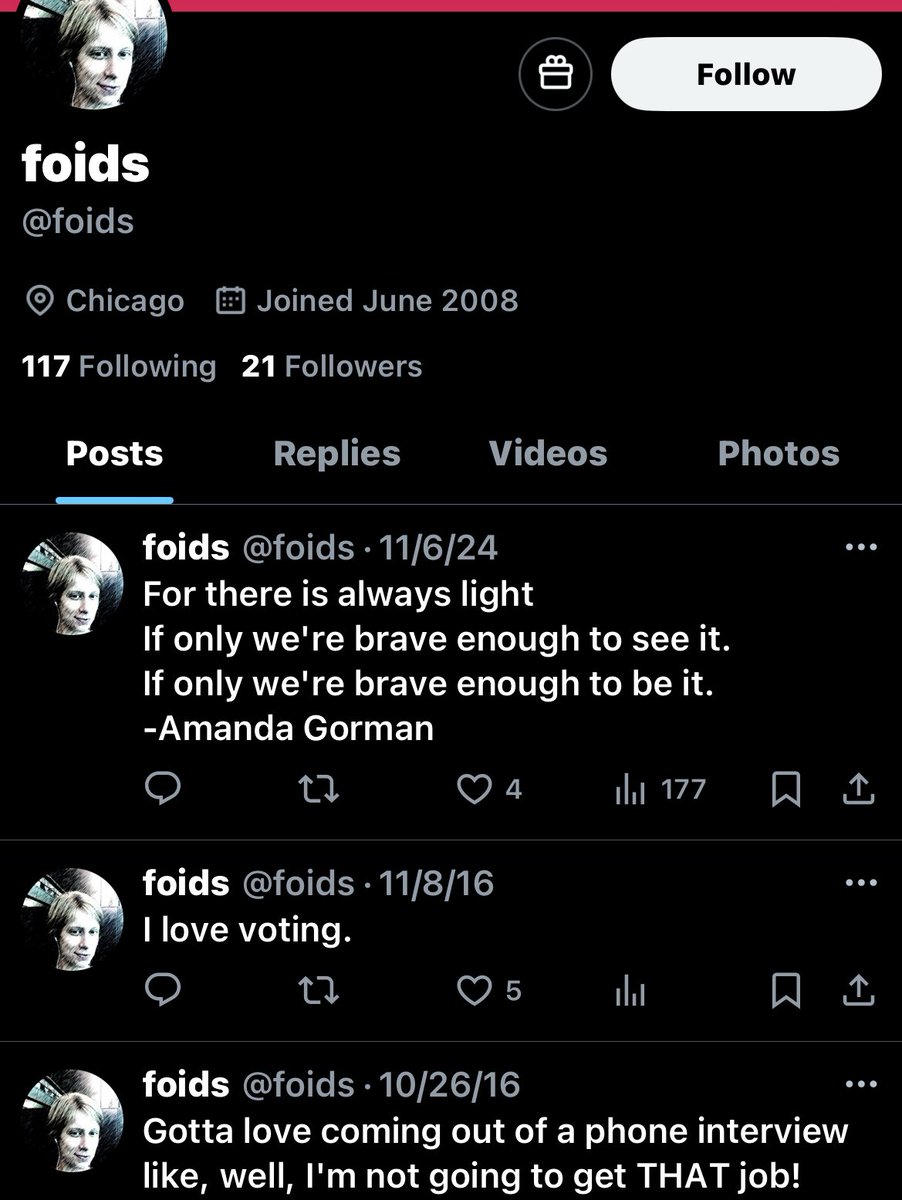 sadreturns's tweet photo. fascinating account, @foids. been here since 2008, last post was on election day ‘24 and before that 8 years ago on election day ‘16. what’s their endgame https://t.co/bISl20L2e6