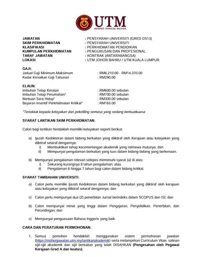 datukhensem's tweet photo. Gaji serta elaun (tunjangan) per bulan 
Pensyarah Kanan (Dosen) yang ada PhD(S3) di Malaysia

Pensyarah Kanan (PhD) DS13

Gaji: RM6,210 (minimal)
Elaun
Perumahan: RM700
Keraian: RM600
BSH: RM300
Kritikal: RM165
 
Kenaikan Gaji Tahunan: RM290.00  

Total: RM7,975 (Rp 30.61 juta) https://t.co/hNOoiv0dX5