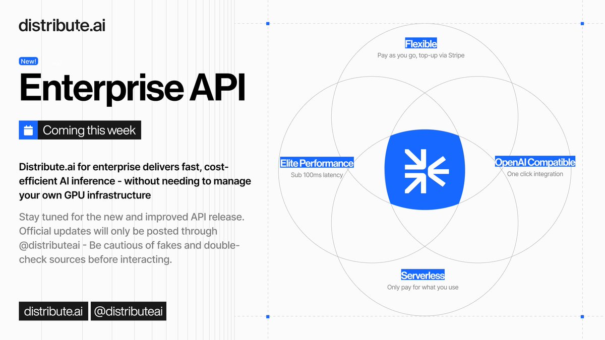Major updates are coming ➡️

The distribute.ai OpenAI-compatible API will soon accept multiple payment options including both fiat and crypto payment options...

Get started today at dashboard.distribute.ai/enterprise/home
