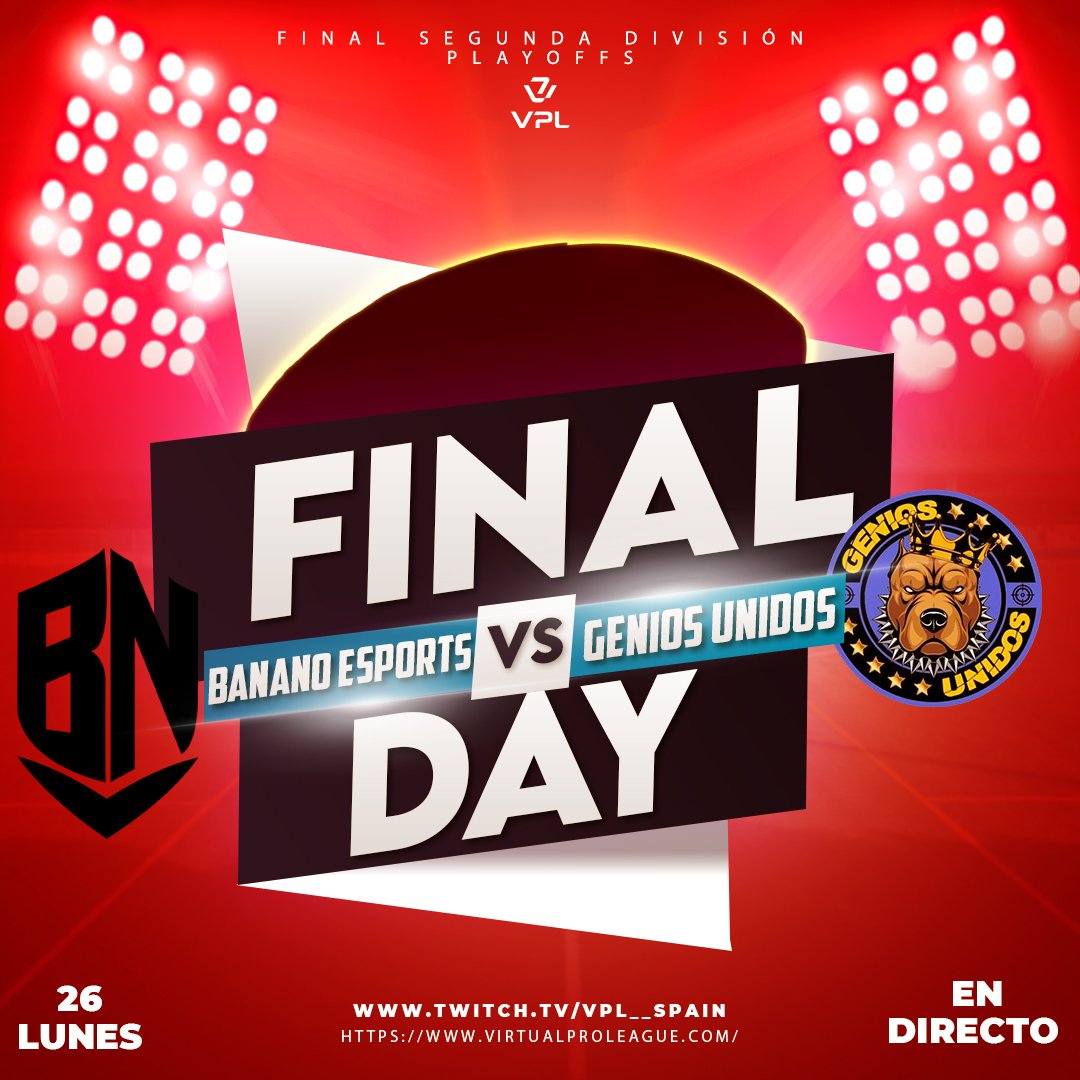 VPL Spain (@vplspain) on Twitter photo 🔥 ¡LLEGA LA GRAN FINAL! 🔥
🏆 Playoffs VPL España #Segunda División
⚔️ <a href="/bananoesport/">Banano eSports</a> 🆚 <a href="/AridanyD/">Genios Unidos</a>
🎙️ Siguenos en directo con nuestro caster
📅 23:20
📺 Sigue la retransmisión en: twitch.tv/thekoke11
¿Quién se coronará campeón? 👑
#VPL #FIFAEsports #VPLSpain 🔥 ¡LLEGA LA GRAN FINAL! 🔥
🏆 Playoffs VPL España #Segunda División
⚔️ <a href="/bananoesport/">Banano eSports</a> 🆚 <a href="/AridanyD/">Genios Unidos</a>
🎙️ Siguenos en directo con nuestro caster
📅 23:20
📺 Sigue la retransmisión en: twitch.tv/thekoke11
¿Quién se coronará campeón? 👑
#VPL #FIFAEsports #VPLSpain