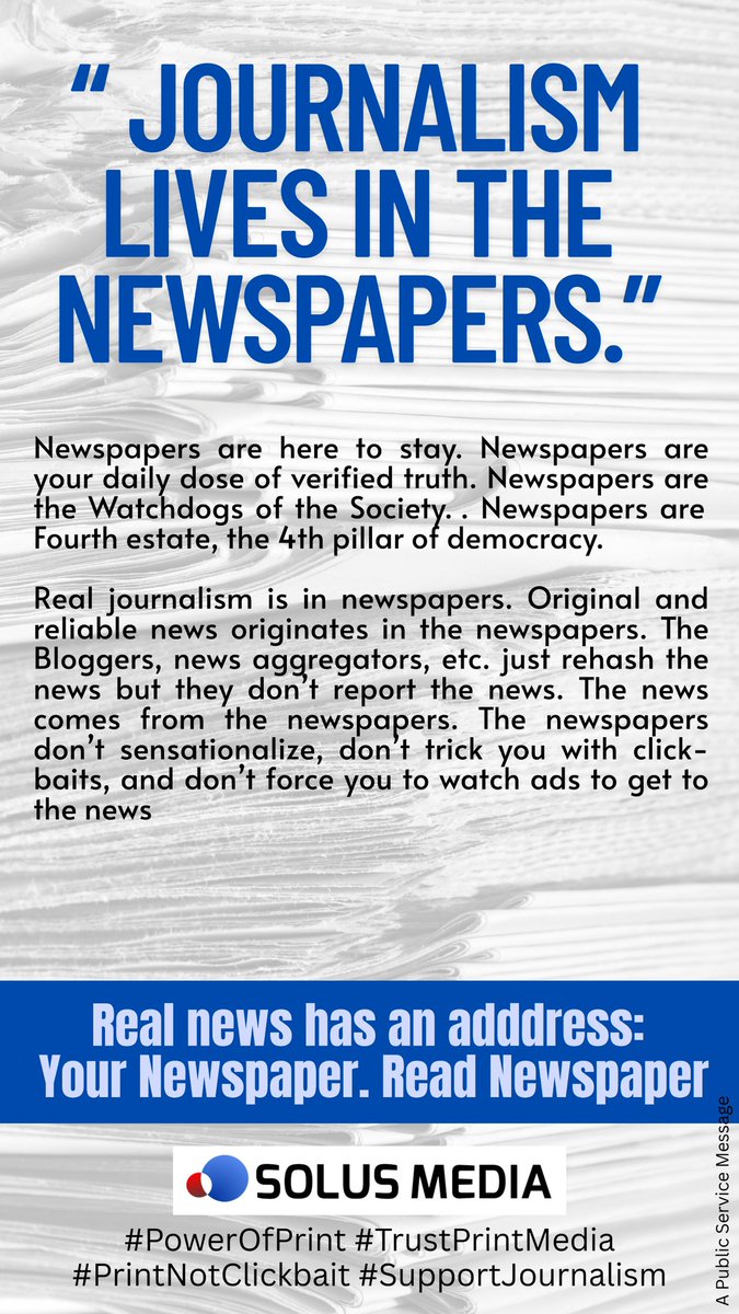 SolusMedia's tweet photo. “Where #Journalism Lives—The #Newspaper.”
#PowerOfPrint
#TrustPrintMedia
#PrintNotClickbait
#RealNewsFirst
#SupportJournalism
#NewspapersMatter
#StopFakeNews
#PrintIsPrimary
#BackToPrint
#PublicTrustPrint
#NewspaersAreHereToStay #SolusMedia https://t.co/C1Fl14ygUl