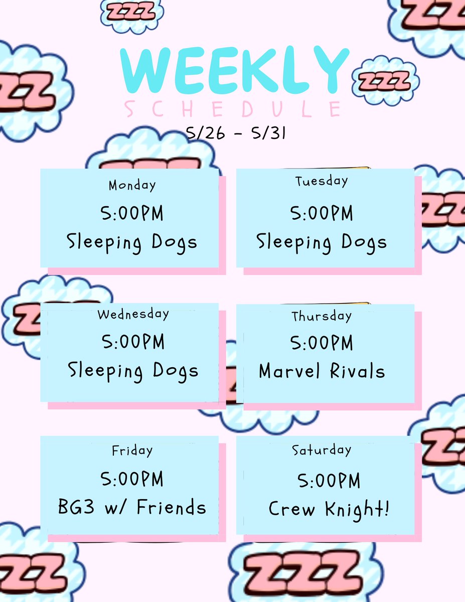 KnightCrew77's tweet photo. I finally made a schedule! This thing has been empty for MONTHS and I finally got around to making one! Just remember, I take Sundays off and the times are set in Alaska Day Time(AKDT apparently?) But I hope y'all enjoy! https://t.co/YwriQIrJyP
