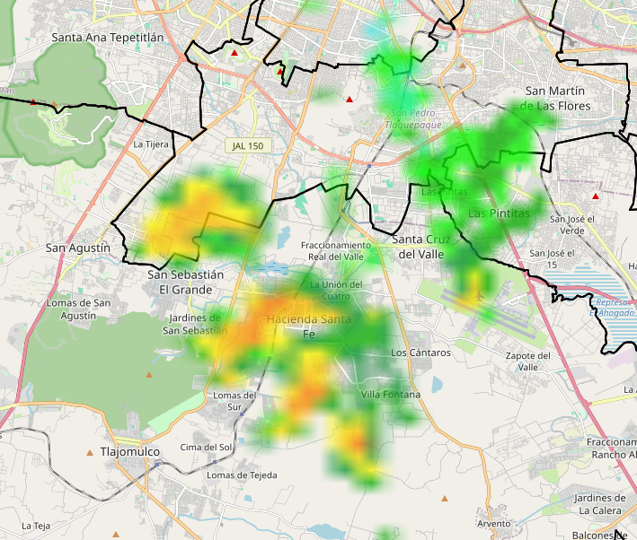 RadarDopplerUdG's tweet photo. Continúa la #lluvia moderada en #Tlaquepaque zona Santa Anita y #ligera en Tapatío, LAs Pintas y La duraznera, #Tlajomulco zona Hacienda Santa Fe y Lomas del Su, #ElSalto #lluvia ligera en Las Pintitas y parque industrial se desplaza en dirección ↘️↘️ https://t.co/B8gZqKeei9