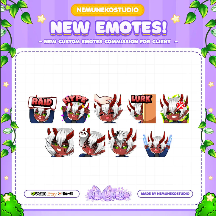 Looney The Moon Demon (@looneymoondemon) on Twitter photo For those who missed yesterday's stream, I received my emotes I commissioned from the lovely <a href="/NemunekoStudio/">NemunekoStudio | VGen COMMS OPEN</a>. I was so excited that I added them mid stream! Please make sure to check out Nemu's work when you can For those who missed yesterday's stream, I received my emotes I commissioned from the lovely <a href="/NemunekoStudio/">NemunekoStudio | VGen COMMS OPEN</a>. I was so excited that I added them mid stream! Please make sure to check out Nemu's work when you can