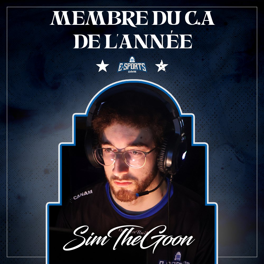 UdeM Esports (@udemesports) on Twitter photo 𝕁𝕠𝕦𝕣 𝟙𝟘 - 𝕄𝕖𝕞𝕓𝕣𝕖 𝕕𝕦 ℂ𝔸 𝕕𝕖 𝕝’𝕒𝕟𝕟é𝕖
Pour finir, je pense qu’il n’y a personne ici qui ait investi autant de temps et d’énergie dans le club que <a href="/SimTheGoon/">Simon Perrault</a> . Il a coordonné les équipes de Rocket League tout en aidant dans la transition du poste de président. 𝕁𝕠𝕦𝕣 𝟙𝟘 - 𝕄𝕖𝕞𝕓𝕣𝕖 𝕕𝕦 ℂ𝔸 𝕕𝕖 𝕝’𝕒𝕟𝕟é𝕖
Pour finir, je pense qu’il n’y a personne ici qui ait investi autant de temps et d’énergie dans le club que <a href="/SimTheGoon/">Simon Perrault</a> . Il a coordonné les équipes de Rocket League tout en aidant dans la transition du poste de président.